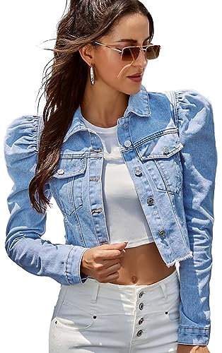 FEOYA Women's Puff Sleeve Denim Jacket Button Up Slim Fit Jean Cropped Coat Fashion Casual Streetwear Light Blu L