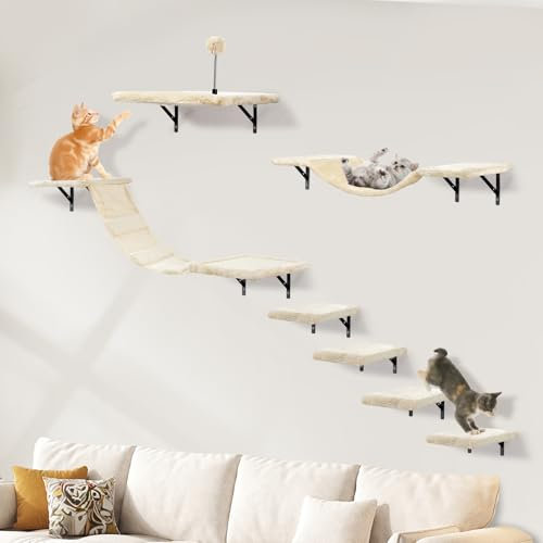 Katzen kletterwand Set mit Katzenbaum Hängematte,Katzentreppe Wand,Katzenbrücke,Kratzbrett, 7-Teiliges Katzen Wandelemente für Katze Catwalk (Beige)