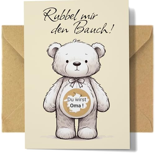 Du wirst Oma - Rubbelkarte zum Schwangerschaft Verkünden | Set mit Kraftpapier Umschlag, fertig mit goldenem Kratzfilm für Baby Ankündigung