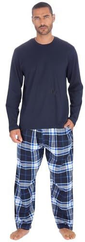INSIGNIA Mens Jersey Long Sleeve Top With Cotton Flannel Bottoms Pyjamas Sets (UK, Alpha, L, Regular, Regular, Navy)