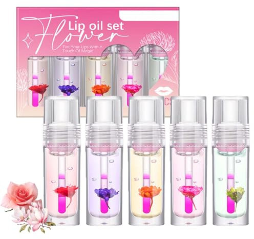 EONFAVE Magischer Temperatur Farbwechsel Lipgloss, 5 Stück Flower Lip Oil Set, Lip Gloss für Langanhaltend Glossy Pflegende Lippen, Lippenöl für Beugt Trockenen Lippen, Lip Care Nicht Klebend