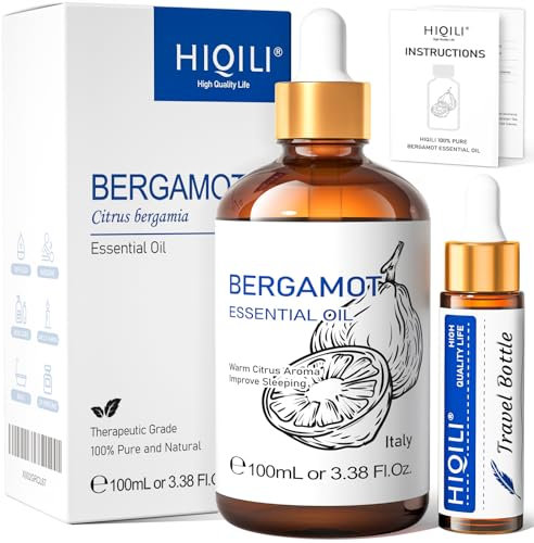 HIQILI Aceite Esencial Bergamota para Difusor, Piel, Cabello, Bricolaje, 100% Puro y Natural - 100 mL (3.38 Fl Oz)