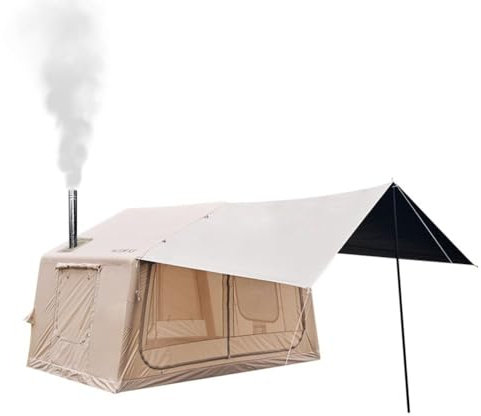 Sport Tent Inflatable Tent with Pump and Awning,2-3 Person Blow Up Tents with Stove Jack,4 Season Waterproof Camping Shelters Pop-Up Tents,Quick to Set Up (Beige)