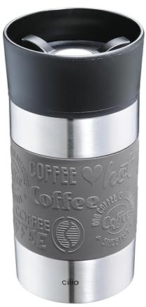 cilio Isoliertrinkbecher VIAGGIO | Edelstahl Thermobecher to go | Deckel aus Kunststoff | 360° Trinkverschluss | Doppelwandsystem | Bruch- und auslaufsicher | 300 ml, Höhe: 15,5 cm | Grau
