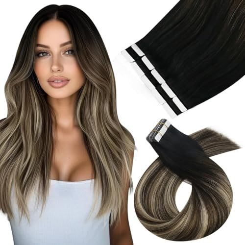 Moresoo Tape Extensions Echthaar Schwarz Balayage Braun Extensions Echthaar Tape 50cm Invisible Tape in Extensions Echthaar Haar Tapes 25g 10 Stück #1B/3/27