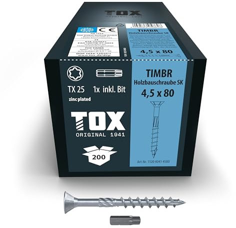 TOX Vis à bois TIMBR SK 4,5 x 80 mm, zinguée bleue à tête fraisée, TX25, vis pour vissage léger et montages à fleur dans la construction en bois, 200 pcs dans un carton, 1x embout inclus, 112040414580