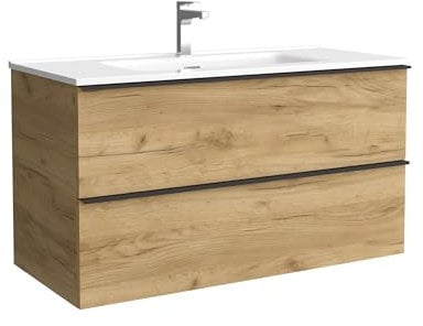 Salgar Mueble de baño Nabua 100 cm Roble con Tirador de pestaña | Lavabo de Porcelana