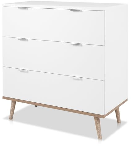 KHG Kommode 3 Schubladen Scandi, Sideboard aus Holzwerkstoff weiß foliert für Wohnzimmer und Esszimmer, 80 x 86 x 40 cm (B/H/T)