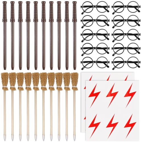 Lot de 42 accessoires de fête magiciens : 10 crayons à baguette magique + 10 balais de sorcière + 10 cadres ronds sans verres + 12 tatouages flash, convient pour les fêtes à thème magique