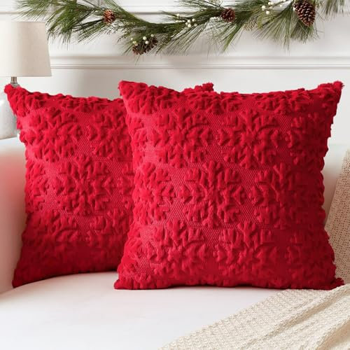 Artscope 2er Set Wolle Kissenbezüge Weicher Plüsch Kurzer Wollsamt Dekokissenbezuge Weihnachten Sofakissen Europäische Kissenhülle für Sofa Schlafzimmer Schneeflocke Rot, 40x40cm