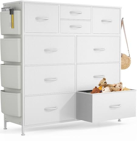Buluri Tall Chest of Drawers Bedroom, 10 Fabric Drawers Dresser with Side Pockets and Hooks, Wooden Top and Metal Frame, Storage Drawers for Closet, Living room, Kids Room (White)