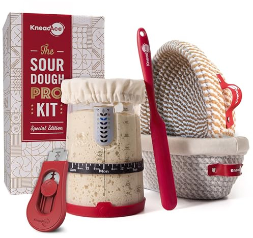 KneadAce Sauerteig Starter Kit - 963.9 g Starter Jar 2 Baumwollseil Banneton Gärkörbe Magnetisches Brot Lame zum Ritzen - Geschenk für Bäcker & Komplettes Sauerteigbrot Backset