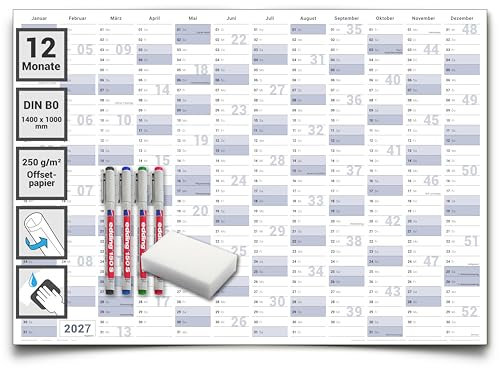 XXL Jahresplaner 2027 abwischbar – Wandkalender DIN B0 (140 x 100 cm) gerollt – inkl. 4 Stifte & Schwamm – Deutsch – großer Wandplaner Büro privat – von Gigatime