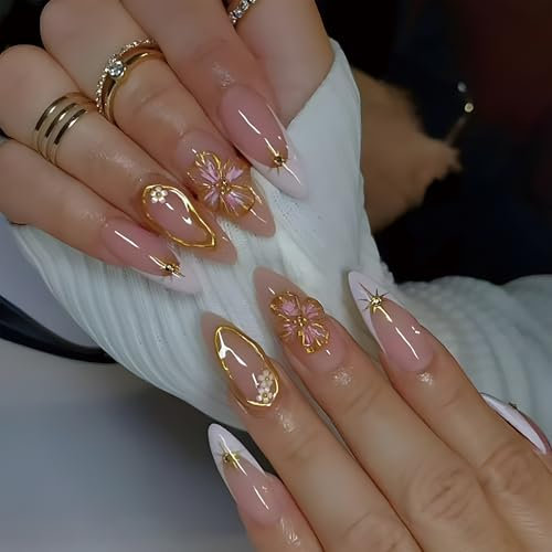 Zernblend Lot de 24 faux ongles à presser en forme d'amande avec motifs étoiles dorées