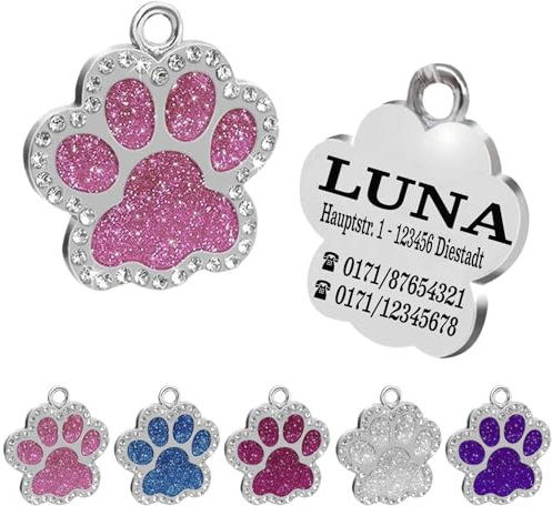 Ibera gifts - Hundemarke mit Gravur und personalisierte Hundemarke in Pfotenform, perfekt für kleine bis mittelgroße Haustiere (Strass/Rosa)