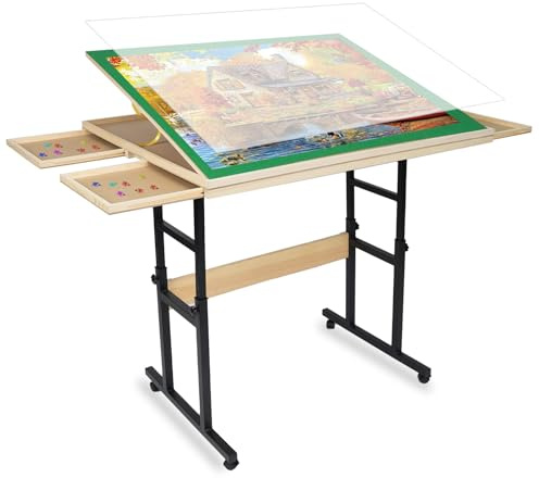 Jifenkla Geeignet für 1500-Puzzleteile mit Beinen, 89 x 69 cm höhenverstellbar und 45° geneigter hölzerner Puzzletisch, Erwachsenengeschenk-Puzzlebrett, mit 4-Schubladen und Deckel