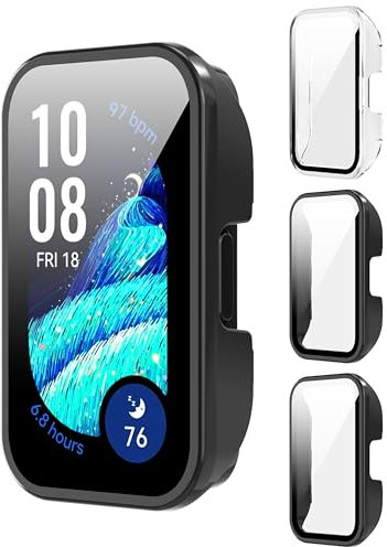 3 Piezas Carcasa para Huawei Band 10/9/8 Funda Protectora con Cristal Templado Protector Pantalla para Huawei Band 10/9/8 Case Anti-raspado,Ultradelgado,Negro&Negro&Trasparenza