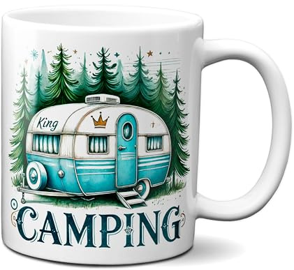 Tassenking Camping King Tasse mit Wohnwagen Motiv - Keramiktasse 320 ml - Geschenk für Camper - Kaffeetasse mit Wald Design - Weiß