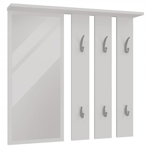 BDW - Wandgarderobe - Garderobe Wand - Wandpaneel mit Spiegel und Ablage - Flurgarderobe Hängend Modern mit Haken - Wandhaken, Kleiderhaken - Weiß Opal - 15x85x82cm