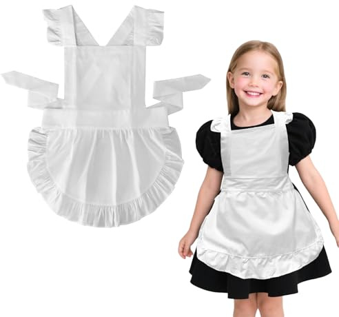 EQLEF Blanco delantal niños, Traje de sirvienta para niñas, delantal retro blanco con volantes para disfraces infantiles, Día del Libro, Halloween, fiestas de cocina y vestidos elegantes.