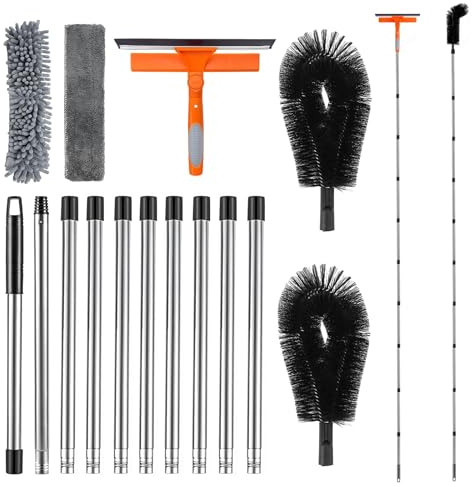 14FT/4.3M Gutter Cleaning Tools with 11 Poles Telescopic & Window Squeegee | 2 Brush Heads, 180° Adjustable, Aluminium Poles, Ladder-Free, Gutter Cleaner Brush for Roof, Gutters, Windows