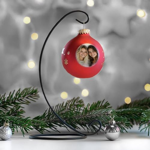 Contento - Weihnachtsbaumkugel Rot mit Deinem Bild und Ständer – Christbaum Kugel aus Echtglas, Weihnachtskugel mit Foto Personalisieren - Dekorative Weihnachtsdeko im Set