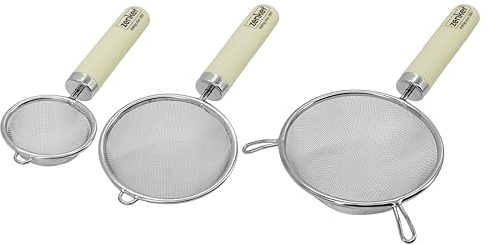 Zenker Set of 3 Sieves, Small 7cm, Medium 10cm, Large 14cm, Stainless Steel | Versatile, Fine Mesh Strainers for Sifting, Dusting Icing and Straining Tea or Removing Lumps, Cream Plastic Handle