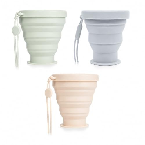 SxiGxiv Lot de 3 gobelets pliables avec couvercle, gobelets pliables pour activités de plein air et voyages, vert, bleu, beige, combinaison de couleurs