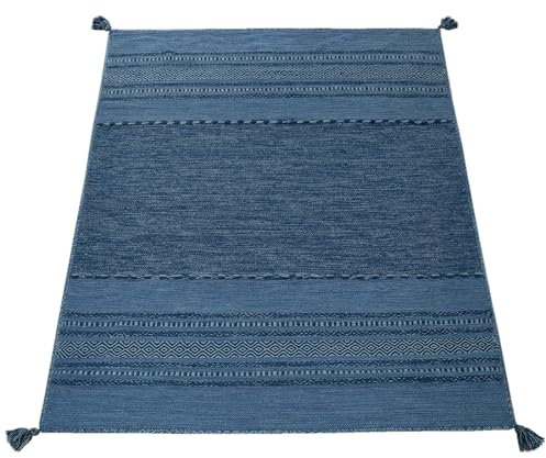 Paco Home Designer Teppich Webteppich Kelim Handgewebt 100% Baumwolle Modern Gemustert Blau, Grösse:80x150 cm