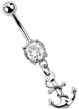 Modern Nature Piercing-Schmuck Bauchnabelpiercing Banane Stahl 1,6 x 10 mm, 7 mm Stein in klar, Anhänger mit Anker