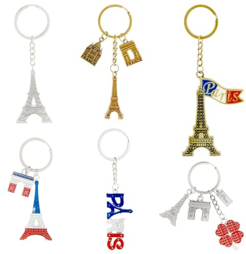 Juvale Porte-clés Monuments de Paris, 6 Porte-Clés Souvenir de France, avec Tour Eiffel, Drapeau français, Arc de Triomphe
