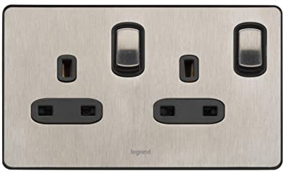 Legrand Synergy Sleek Design 832070 switched double pole socket outlet, 2 gang, 13 A, 250 V AC, brushed stainless steel