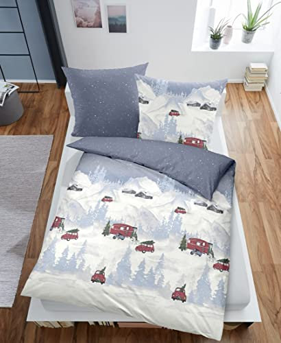 Dormisette Biber Bettwäsche WEIHNACHTSTRUCK Reine Baumwolle Made in Germany nachhaltig | Wende-Bettwäsche warm & weich 155 cm x 220 cm blau