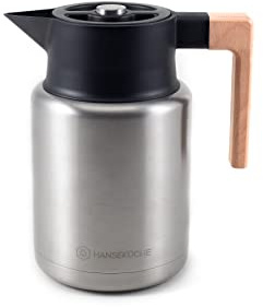 Hanseküche Thermoskanne 1,4L aus hochwertigem Edelstahl - Isolierkanne, Kaffekanne mit edlem Holzgriff (Silber)