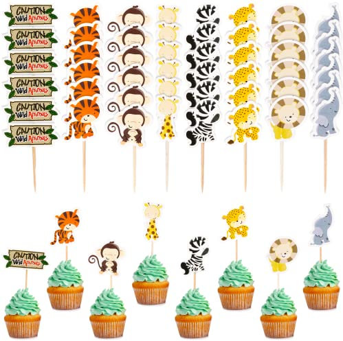 VIEVRE 48 Stück Tortendeko Tiere, Waldtiere Geburtstag Deko, Muffin Deko Geburtstag, 8 Stile Dschungel Geburtstag Dekoration, Kuchendeko Geburtstag Junge, Tortendeko Dschungel, Wild One Cake Topper