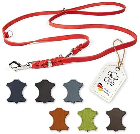 CopcoPet Hundeleine Leder 3-Fach verstellbar, Umhängeleine für kleine Hunde, Fettlederleine Hund geflochten – Mit Chrombeschlägen – Robust, ideal für Spaziergang, Training 2m x 8mm Rot