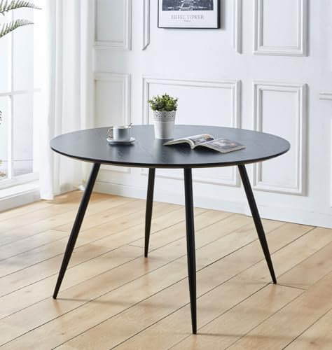 Hallowood Furniture Cullompton Large Black Dining Table with Black Metal Legs, Wooden Effect Top 4-6 Seater Round Table for Dining Rooms, Kitchens, or Cafés