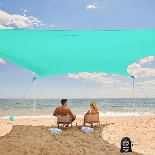WEKAPO Strandzelt, Sonnenschutz, einfach aufzubauen, Strandüberdachung mit 4 stabilen Stangen, großen Sandsäcken und Schaufel, 2,1 m hoch, winddichter Sonnenschutz für Garten und Camping, UPF 50+
