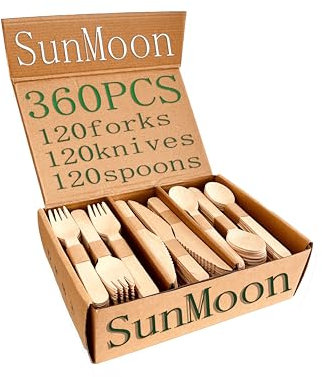 SunMoon Eco Friendly 360 Pack Disposable Wooden Cutlery, 16cm Long, Plastic Free Packaging,Substitute for Plastic and Bamboo Cutlery, Compostable, Biodegradable for Parties, Camping, Weddings
