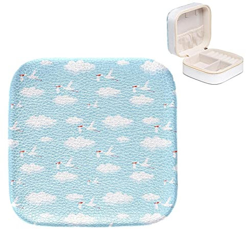 KQNZT Schmuck-Organizer-Box, kleine Schmuckaufbewahrung aus Pu-Leder für Ohrringe, Ringe, Halsketten, Armbänder,Störche Himmel Wolken