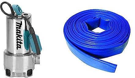 POMPE VIDE-CAVE MAKITA À EAU CHARGÉE 1100 W - PF1110 & Silverline - Tuyau souple plat 10 m x 50 mm (675246)