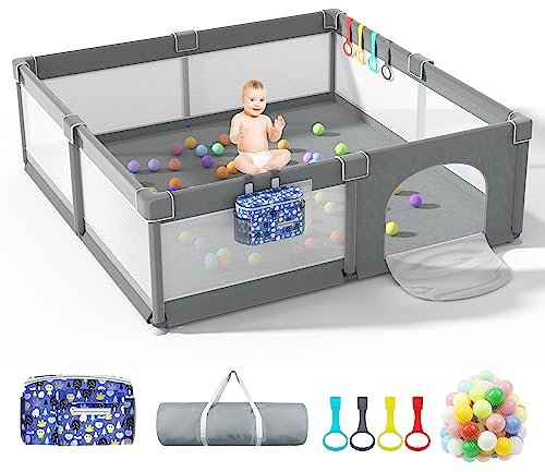 HEIZO Großer Laufstall Laufgitter Baby XXL 200x180cm, Playpen Baby Kinderlaufstall mit Atmungsaktivem Netz, 50 Spielbällen und 4 Zugringen für Baby & Kleinkinder Indoor Outdoor