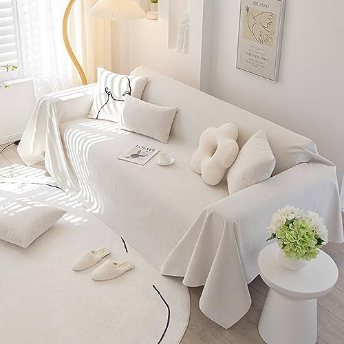 Mesnt Sofabezug 4 Sitzer Big Sofa, Cremeweiß Sofaüberwurf Decke Couch Einfarbig aus Chenille, 180x380cm