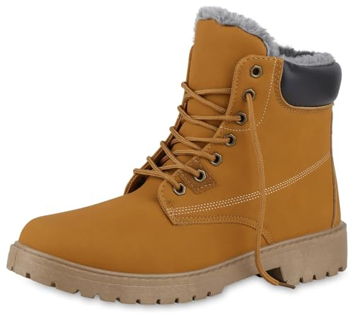 VAN HILL Herren Worker Boots Blockabsatz Profilsohle Bequem Schuhe 214089 Hellbraun 44