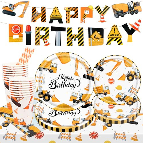 Bohrma Construction Site Party Tableware, 80-Piece Digger Paper Cups Napkins Straw Set, Digger Construction Site Decoration Perfect for Children's Birthday Parties Children's Birthday Party Tableware