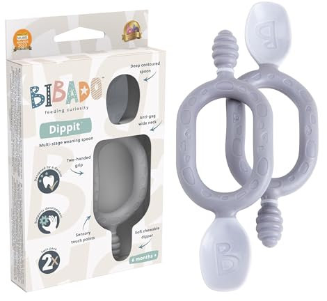 Bibado - Cuchara y cuchara para bebé Dippit (2 unidades) – Dipper masticable suave y cuchara profunda – Mango sensorial de dos manos – Kit de destete para bebés – Cuchara de destete – Regalos para