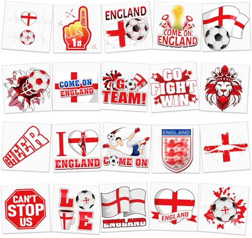 HOWAF 40 PCS World Cup Football Tattoos 2026, England Football Temporary Tattoos England Flag St Georges Flag Fake Tattoo Stickers for World Cup Football Decorations 2026