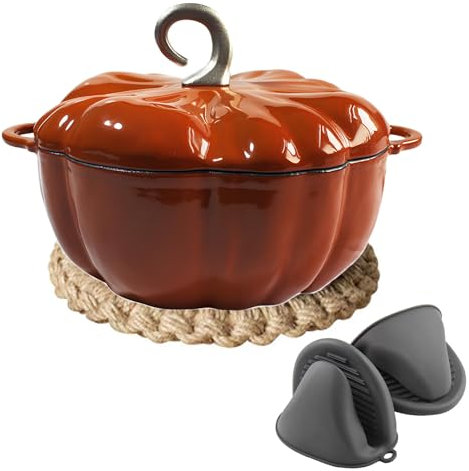 DYHQQ Fours hollandais Pot en Fonte émaillé Citrouille 3.7L Pot-au-feu Pot Multi-Usage Ménage Cocotte antiadhésive Marmite à Induction Universel