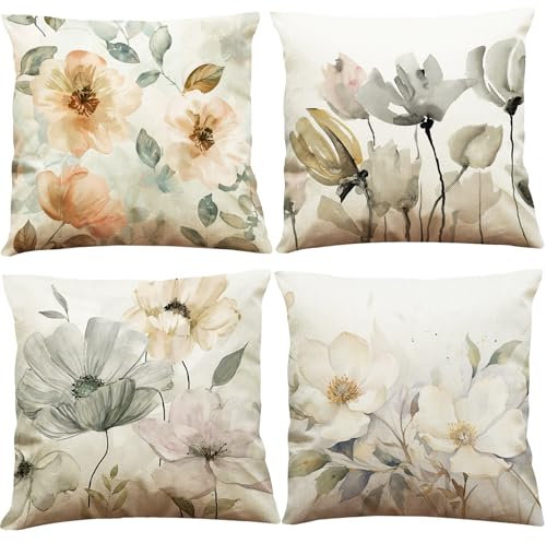 Blumen Kissenbezug 45x45 4er Set, Blumen Kissen 45x45,Boho deko Outdoor Kissen,Balkon Kissen Aesthetic Geeignet Für Wohnzimmer, Schlafzimmer, Outdoor Polster