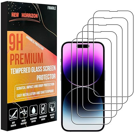 New Horrizon [5-Pack] Screen Protector for iPhone 15 & iPhone 15 Pro (6.1-Inch), Mobile Tempered Glass Screen Protector, [LifetimeSupport][Impact-Protection][Anti-Shatter][Anti-Scratch]